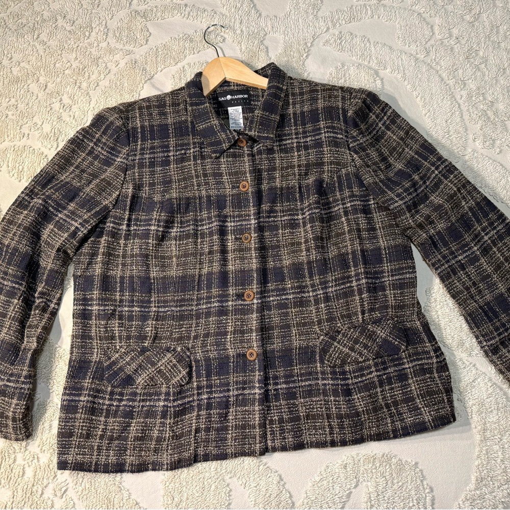 Sag Harbor Petite 14P Brown Blue Plaid Career Jacket Blazer 2.032